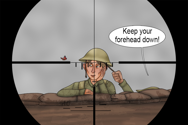 On the front lines, you're a target, so listen (frontalis) to your commander and keep your forehead down.